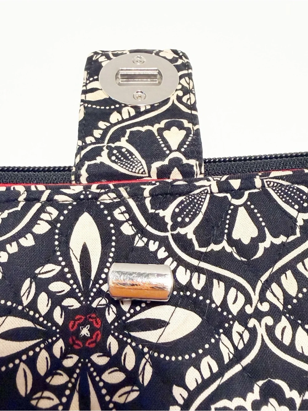 Vera Bradley Black and White Floral Turnlock Wallet with Red & Blue Trim